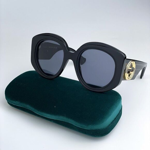 NEW Gucci GG1308S 001 Black Grey Round Women Sunglasses - Picture 1 of 11